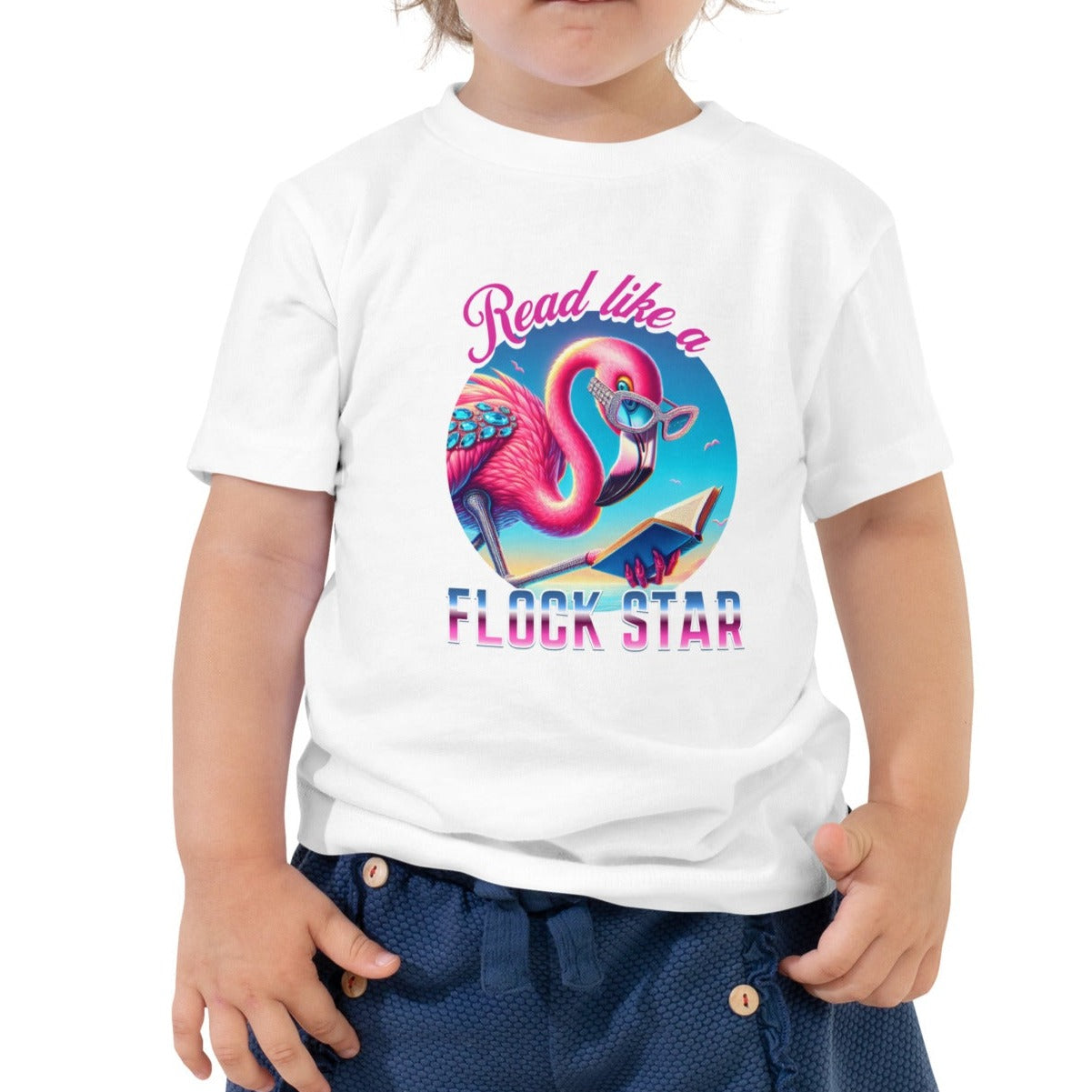 TODDLER "Read Like a Flock Star" Flamingo Toddler Short Sleeve Summer Reading T-Shirt Tee Tshirt