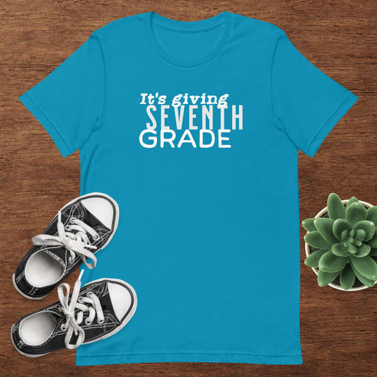 ADULT SIZE "Its giving 7th Grade" Back to School Back 2 School New grade level shirt for 7th grade teacher or student