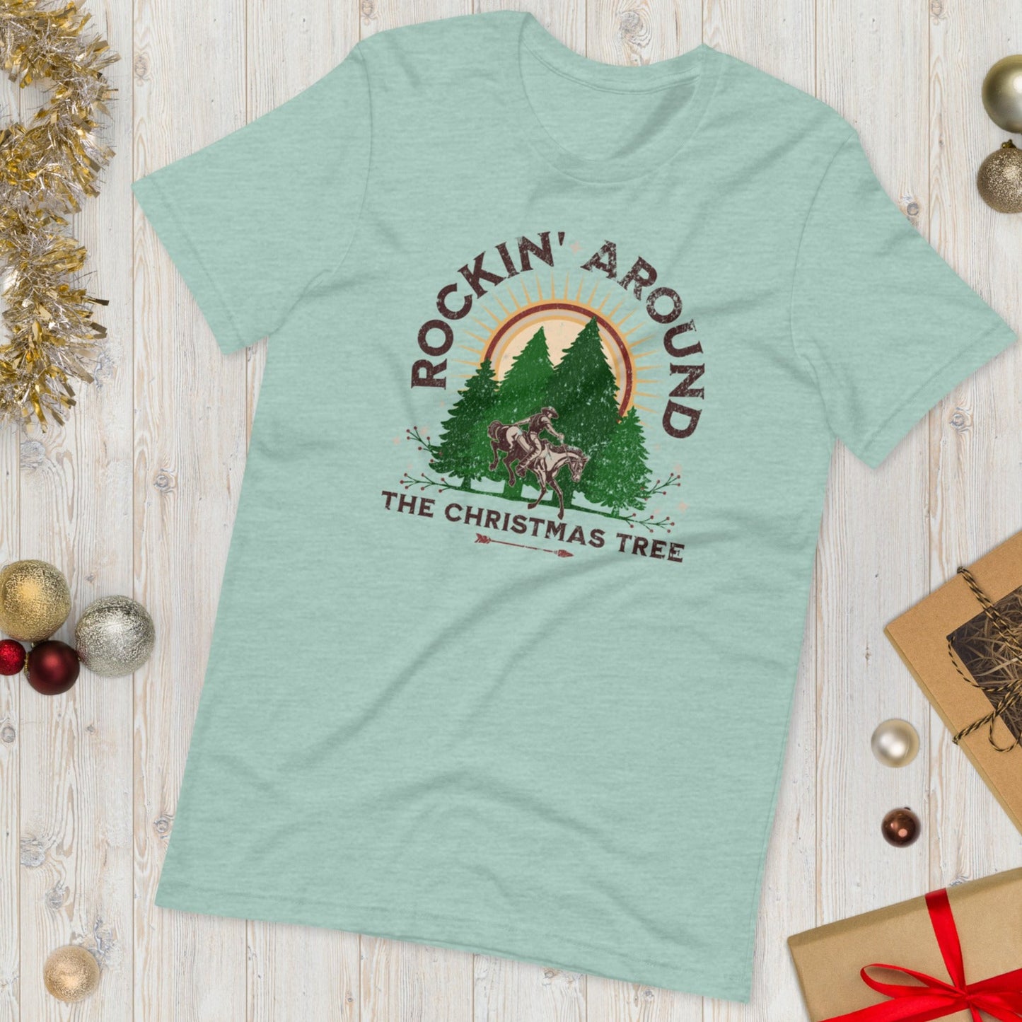 ADULT "Rocking Rockin around the Christmas Tree" Cowboy Christmas Horse Western Farm Ranch Unisex t-shirt tshirt