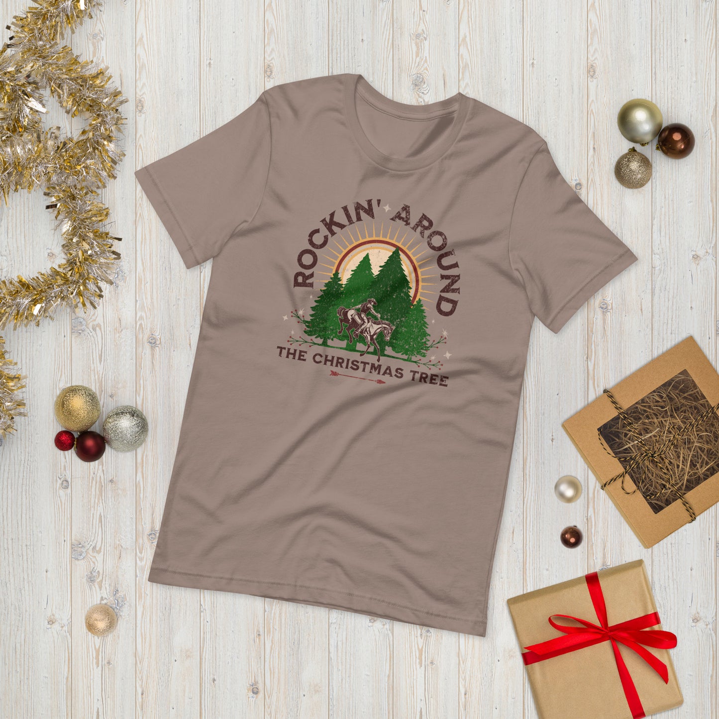 ADULT "Rocking Rockin around the Christmas Tree" Cowboy Christmas Horse Western Farm Ranch Unisex t-shirt tshirt
