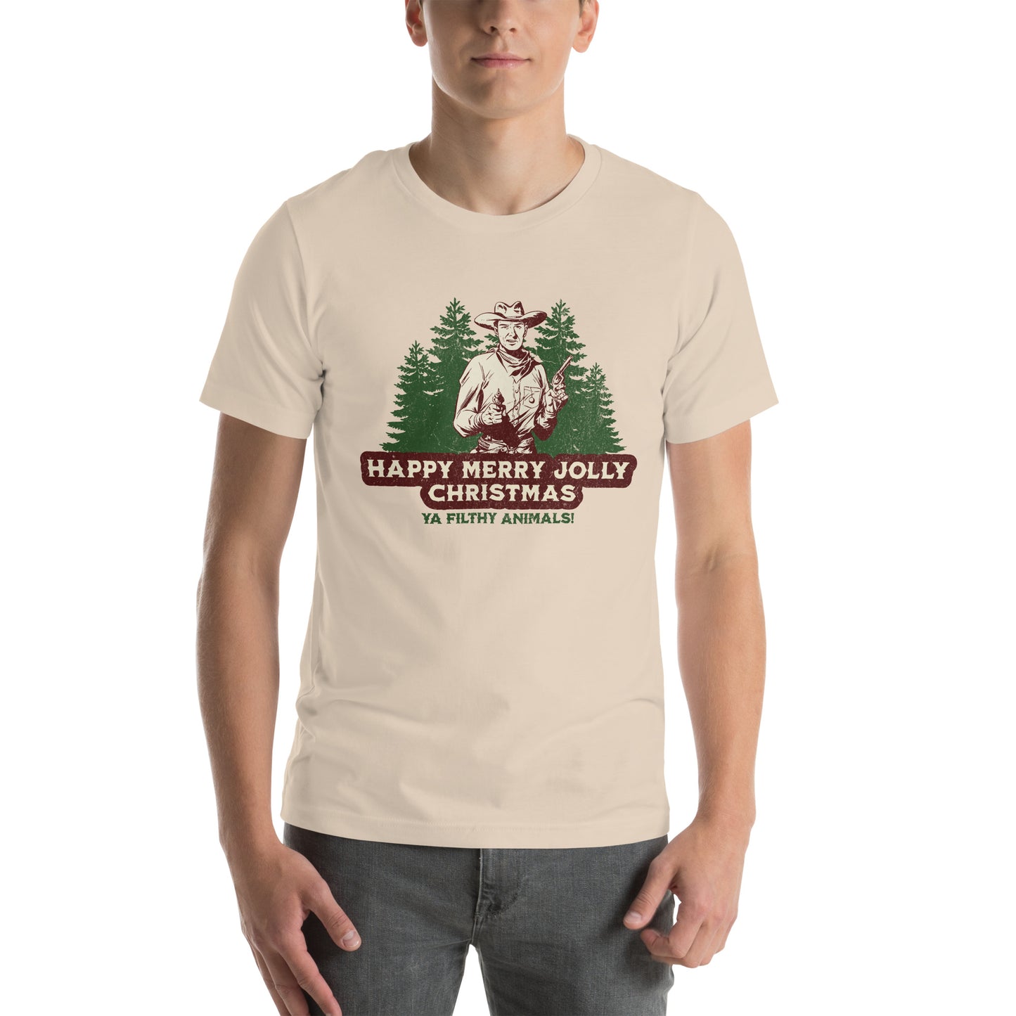 ADULT "Happy Merry Jolly Christmas Ya Filthy Animals" Funny holiday Cowboy with Guns Unisex t-shirt tshirt