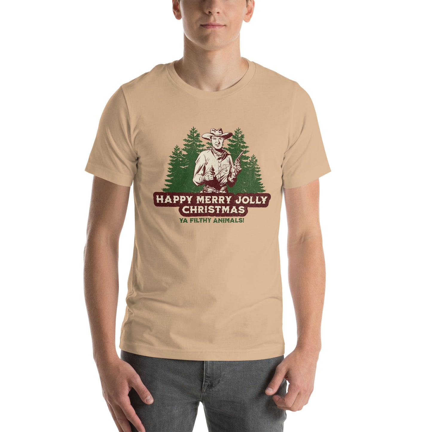 ADULT "Happy Merry Jolly Christmas Ya Filthy Animals" Funny holiday Cowboy with Guns Unisex t-shirt tshirt
