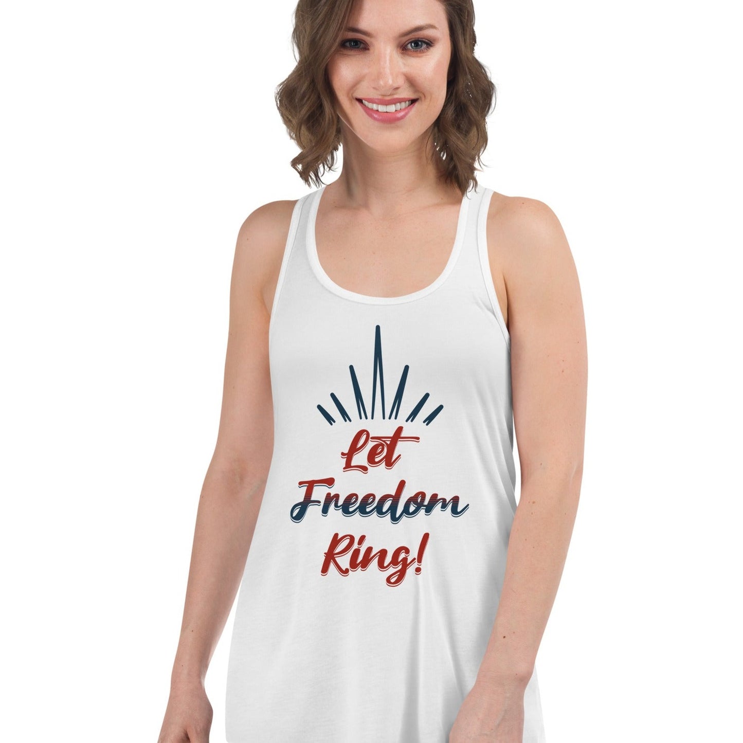 ADULT Women's "Let Freedom Ring!" Patriotic July 4th Independence Day Flowy Racerback Tank