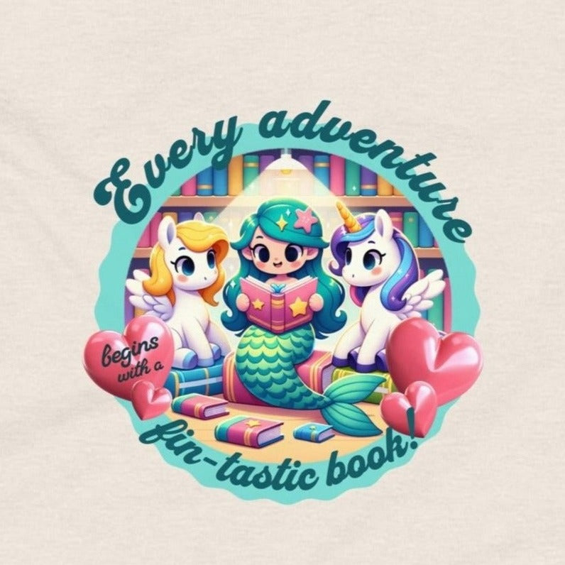 YOUTH "Every Adventure Begins with a Fin-tastic Book" Fantastic Mermaid Unicorn Pegasus Summer Reading Reader Youth Short Sleeve T-Shirt Tee