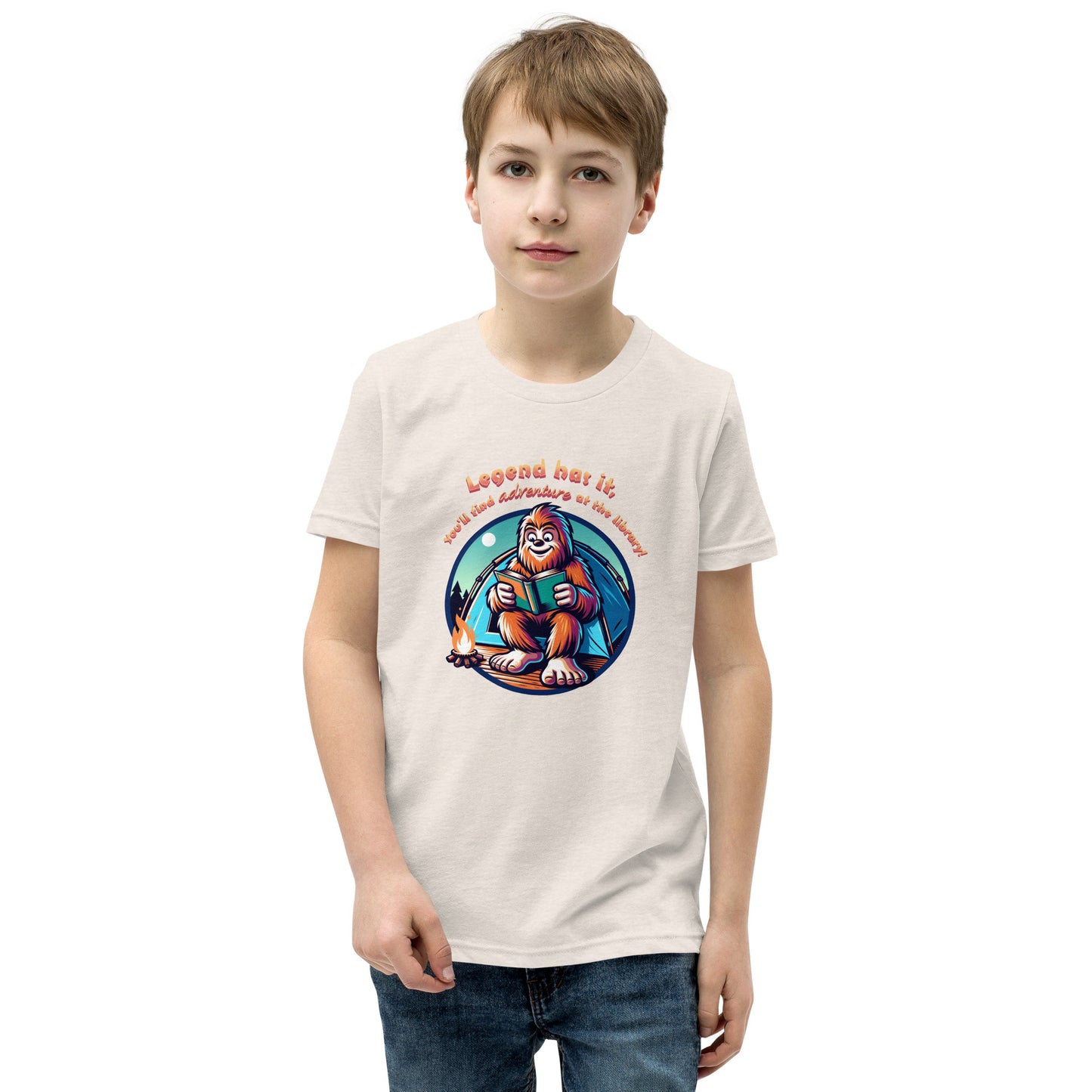 YOUTH "Legend Has It, You'll Find Adventure at the Library" Summer Reading Bigfoot Sasquatch Short Sleeve T-Shirt Tshirt