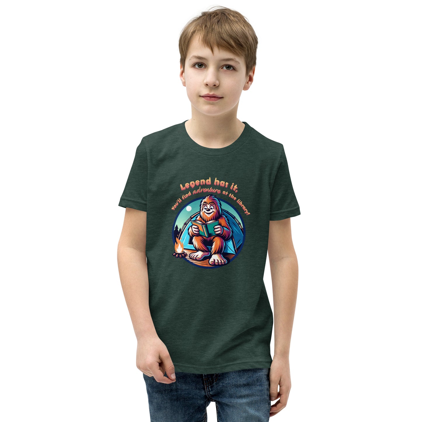 YOUTH "Legend Has It, You'll Find Adventure at the Library" Summer Reading Bigfoot Sasquatch Short Sleeve T-Shirt Tshirt