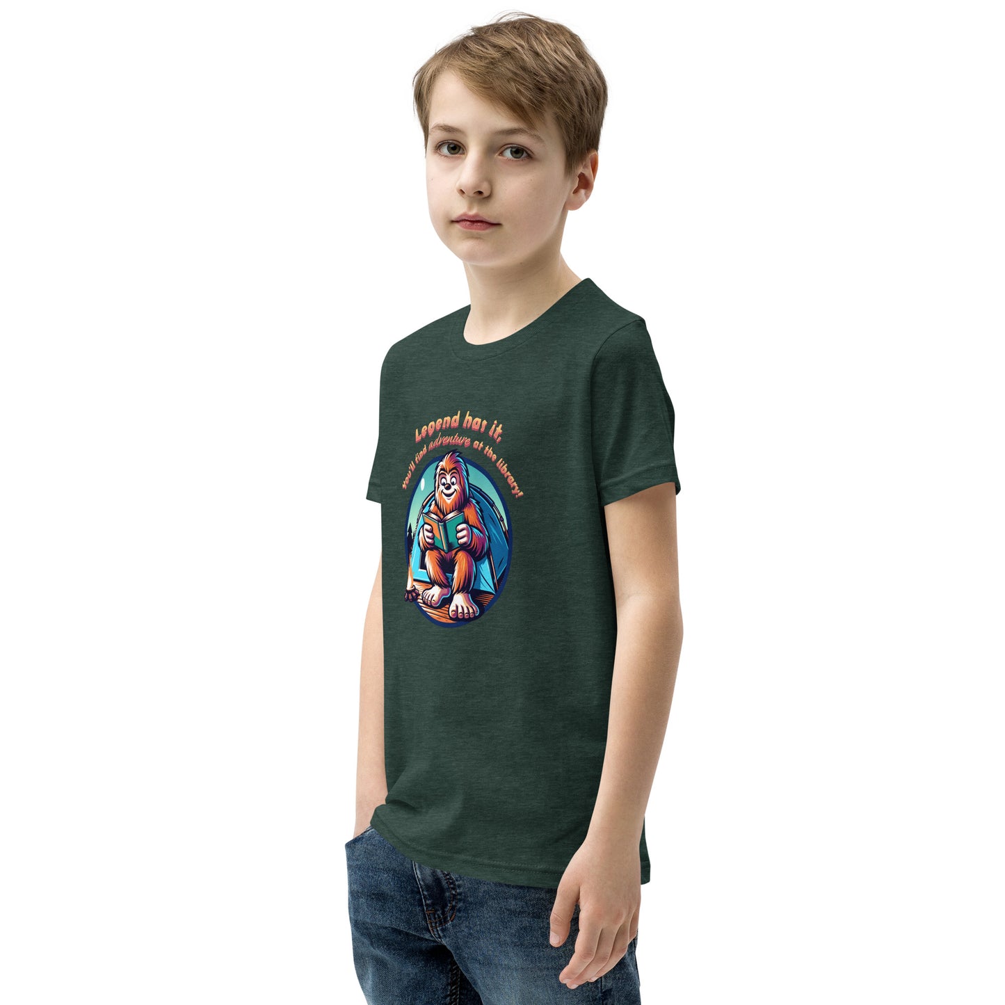 YOUTH "Legend Has It, You'll Find Adventure at the Library" Summer Reading Bigfoot Sasquatch Short Sleeve T-Shirt Tshirt