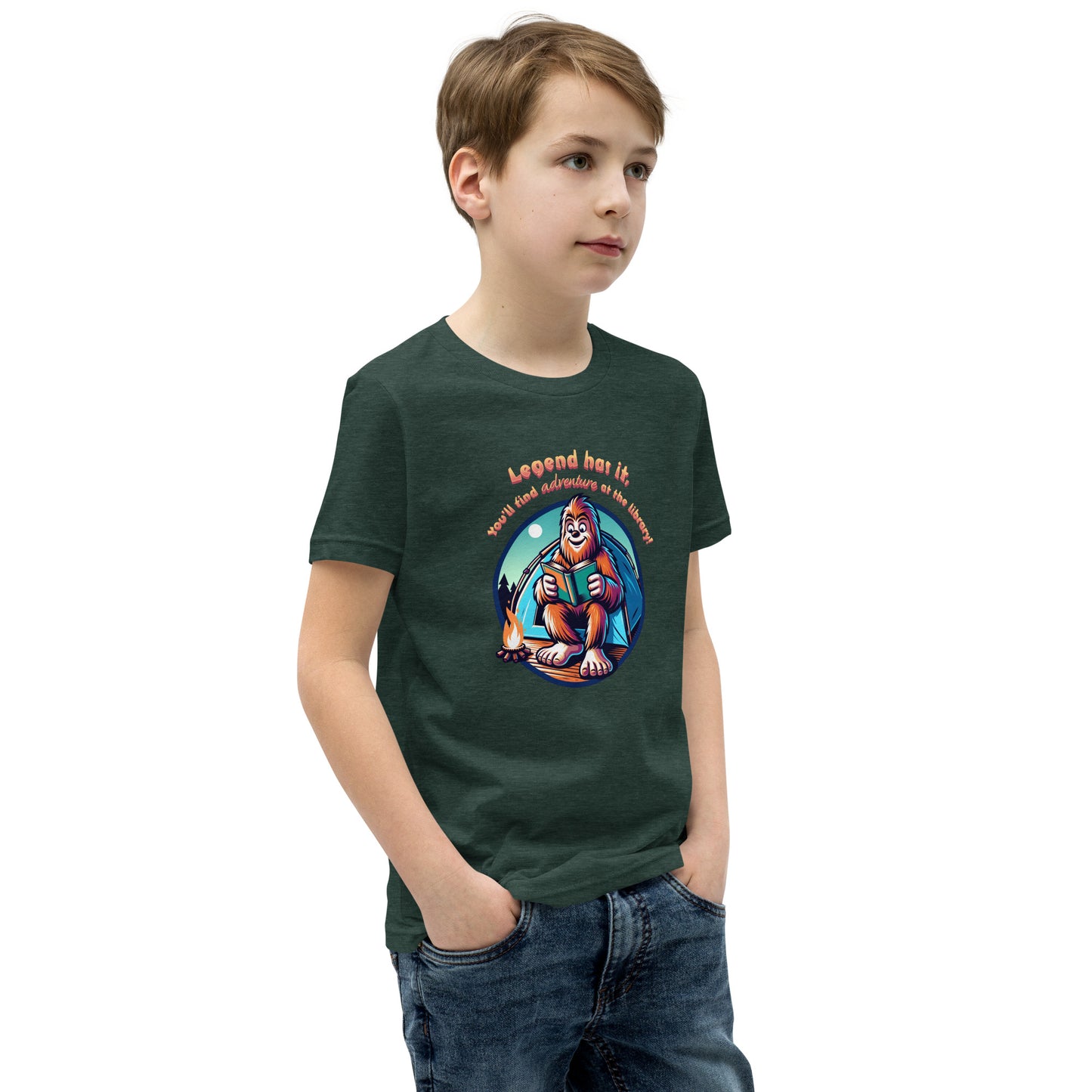 YOUTH "Legend Has It, You'll Find Adventure at the Library" Summer Reading Bigfoot Sasquatch Short Sleeve T-Shirt Tshirt