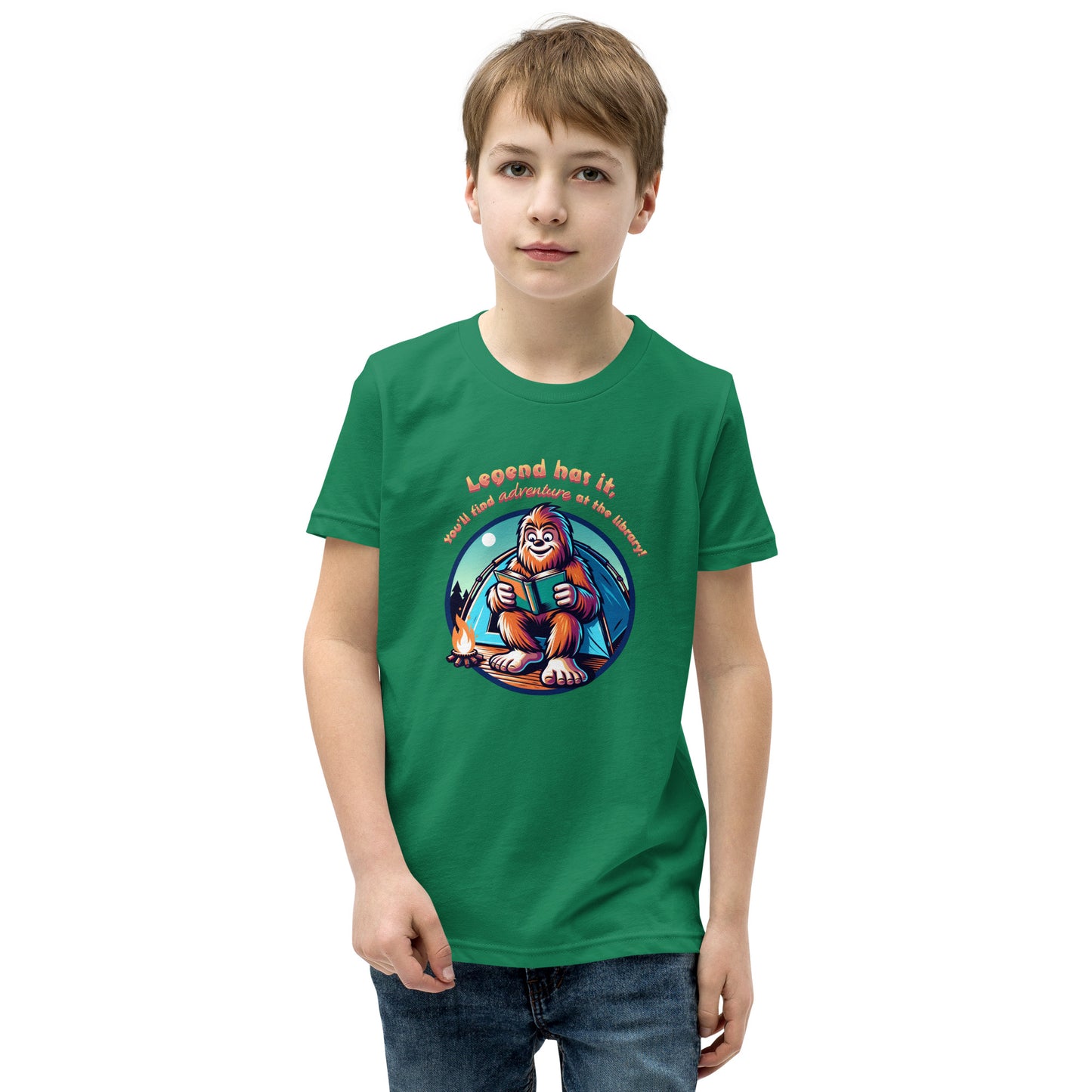 YOUTH "Legend Has It, You'll Find Adventure at the Library" Summer Reading Bigfoot Sasquatch Short Sleeve T-Shirt Tshirt