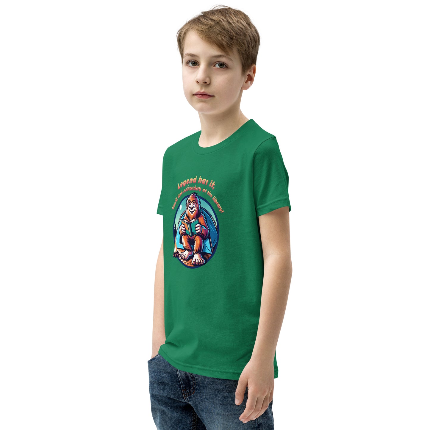 YOUTH "Legend Has It, You'll Find Adventure at the Library" Summer Reading Bigfoot Sasquatch Short Sleeve T-Shirt Tshirt