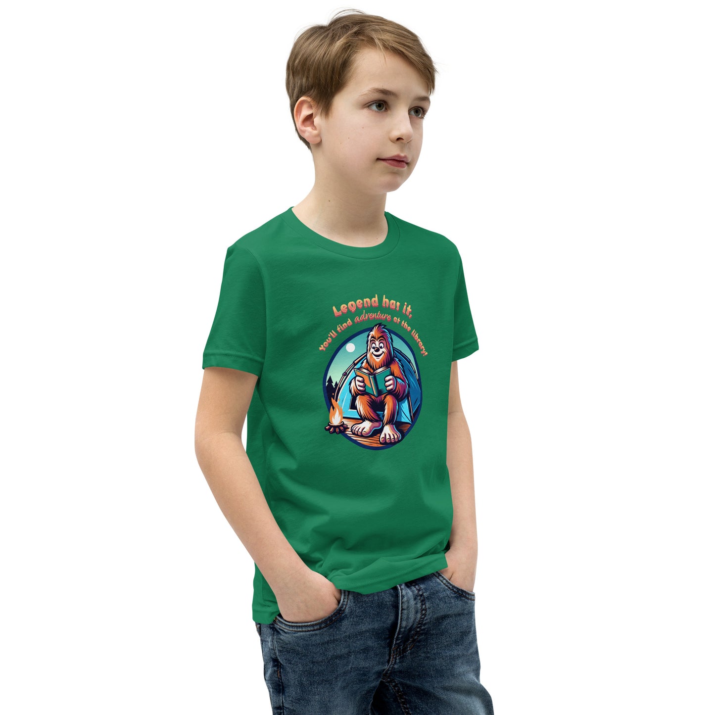 YOUTH "Legend Has It, You'll Find Adventure at the Library" Summer Reading Bigfoot Sasquatch Short Sleeve T-Shirt Tshirt