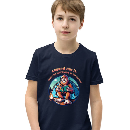 YOUTH "Legend Has It, You'll Find Adventure at the Library" Summer Reading Bigfoot Sasquatch Short Sleeve T-Shirt Tshirt