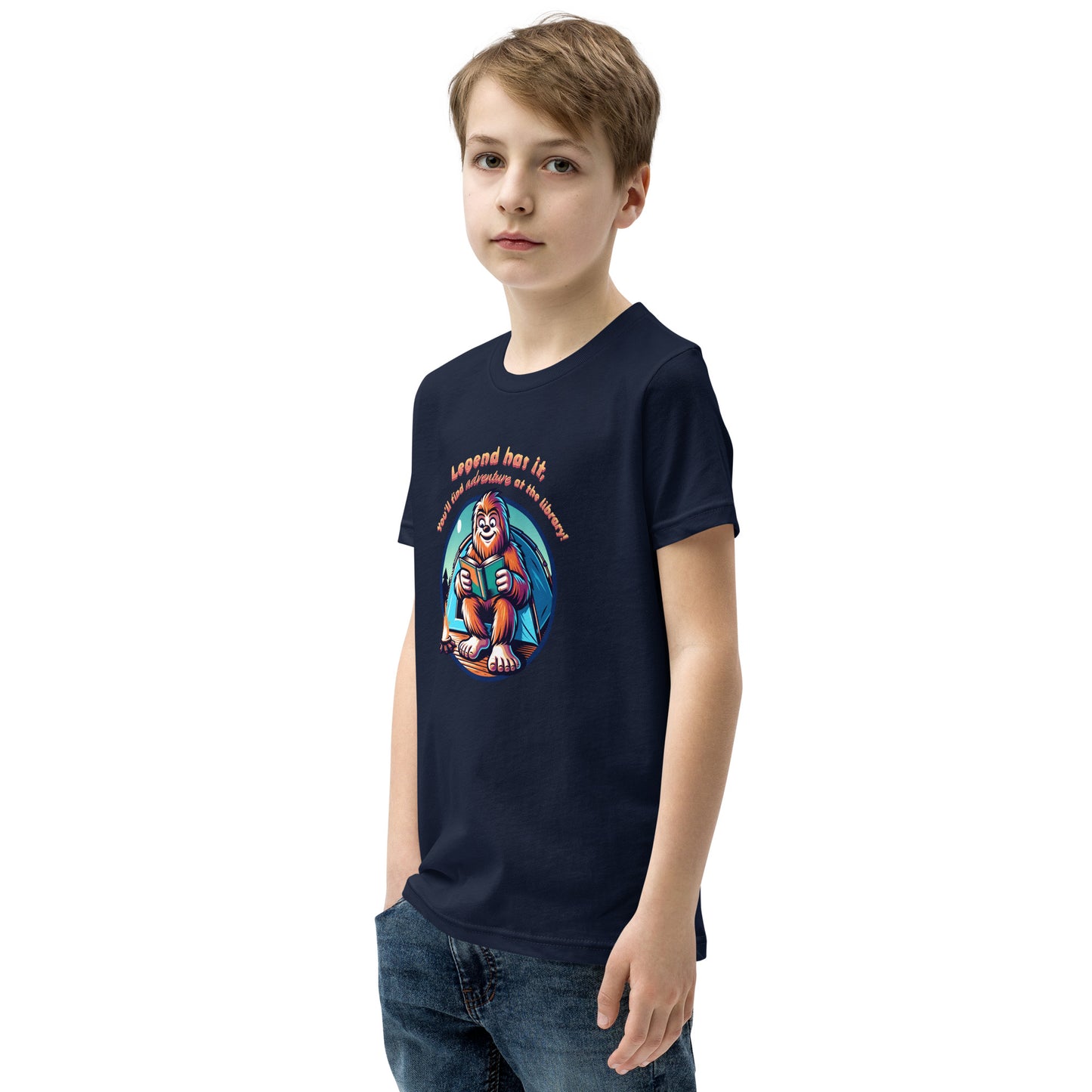 YOUTH "Legend Has It, You'll Find Adventure at the Library" Summer Reading Bigfoot Sasquatch Short Sleeve T-Shirt Tshirt