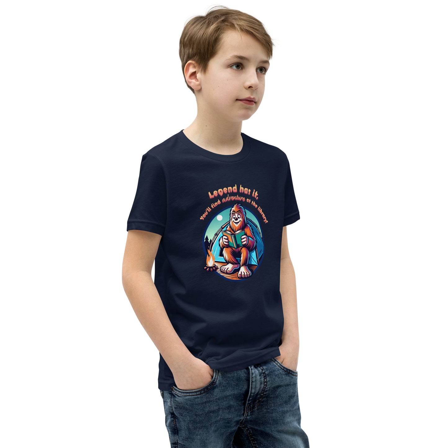 YOUTH "Legend Has It, You'll Find Adventure at the Library" Summer Reading Bigfoot Sasquatch Short Sleeve T-Shirt Tshirt