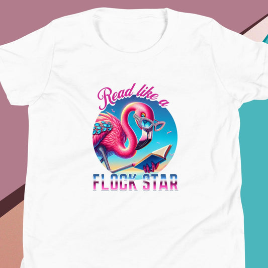 YOUTH "Read Like a Flock Star" Flamingo Reading Summer Reading Short Sleeve T-Shirt Tshirt