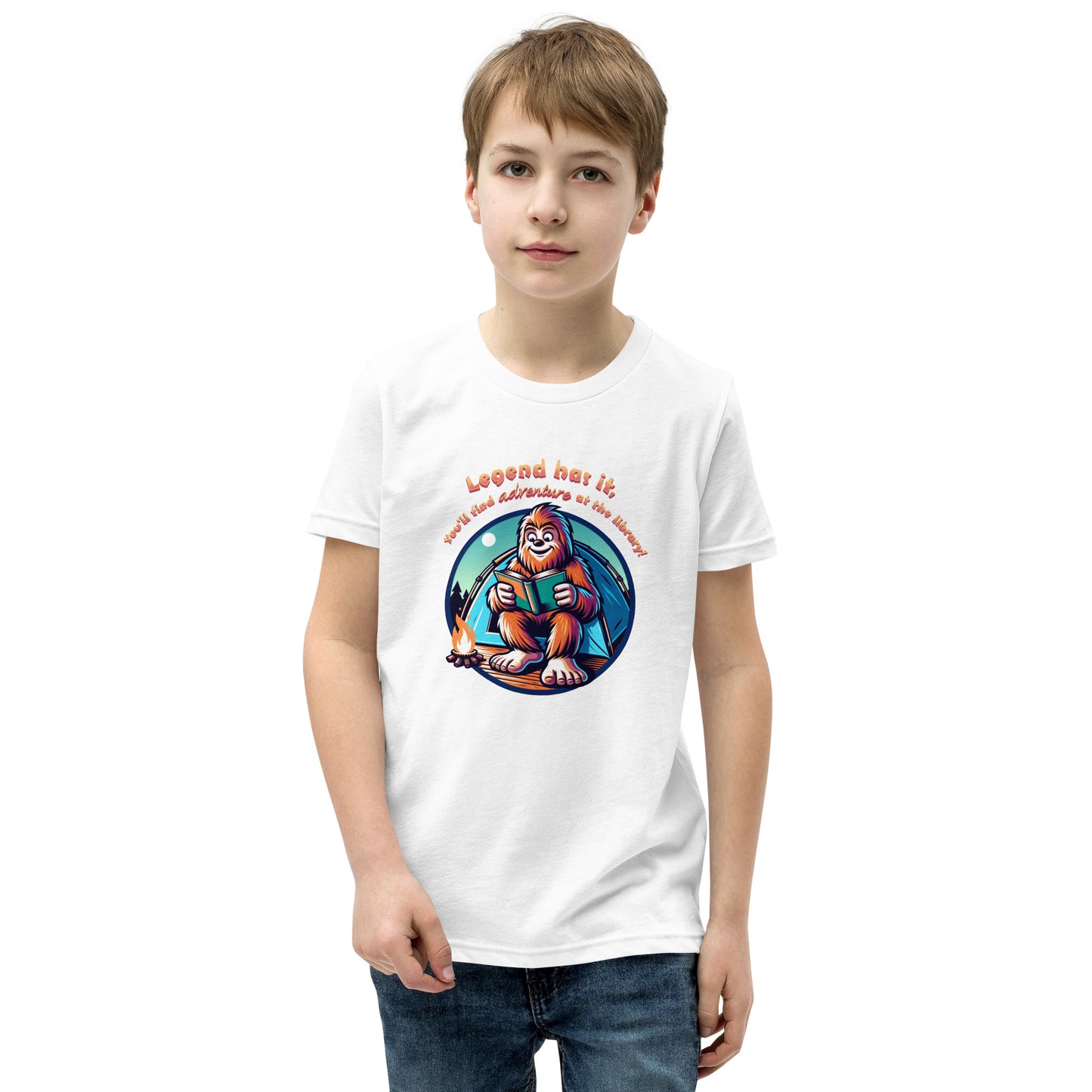 YOUTH "Legend Has It, You'll Find Adventure at the Library" Summer Reading Bigfoot Sasquatch Short Sleeve T-Shirt Tshirt