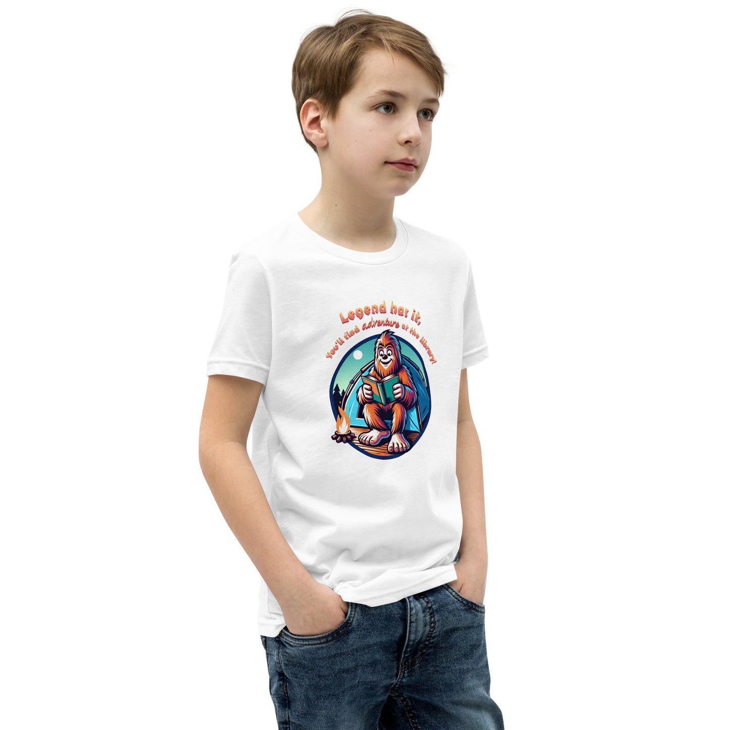 YOUTH "Legend Has It, You'll Find Adventure at the Library" Summer Reading Bigfoot Sasquatch Short Sleeve T-Shirt Tshirt